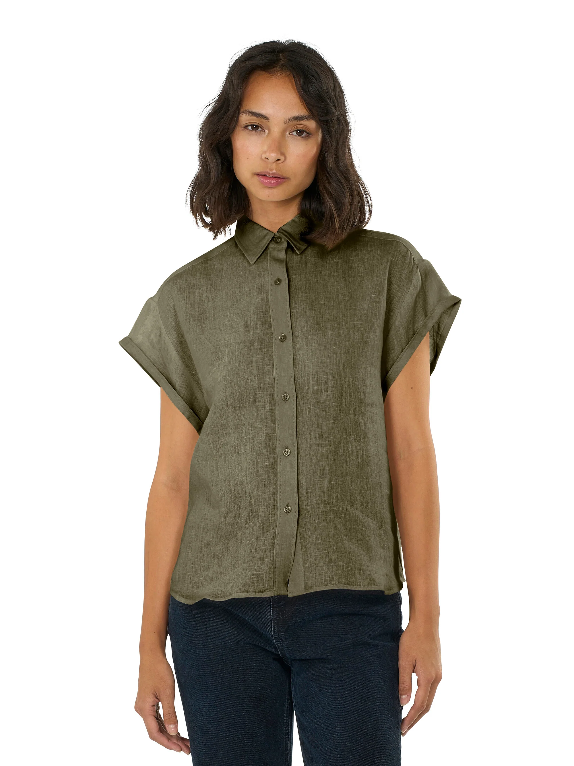 ASTER fold up short sleeve linen shirt - Burned Olive - Image 2