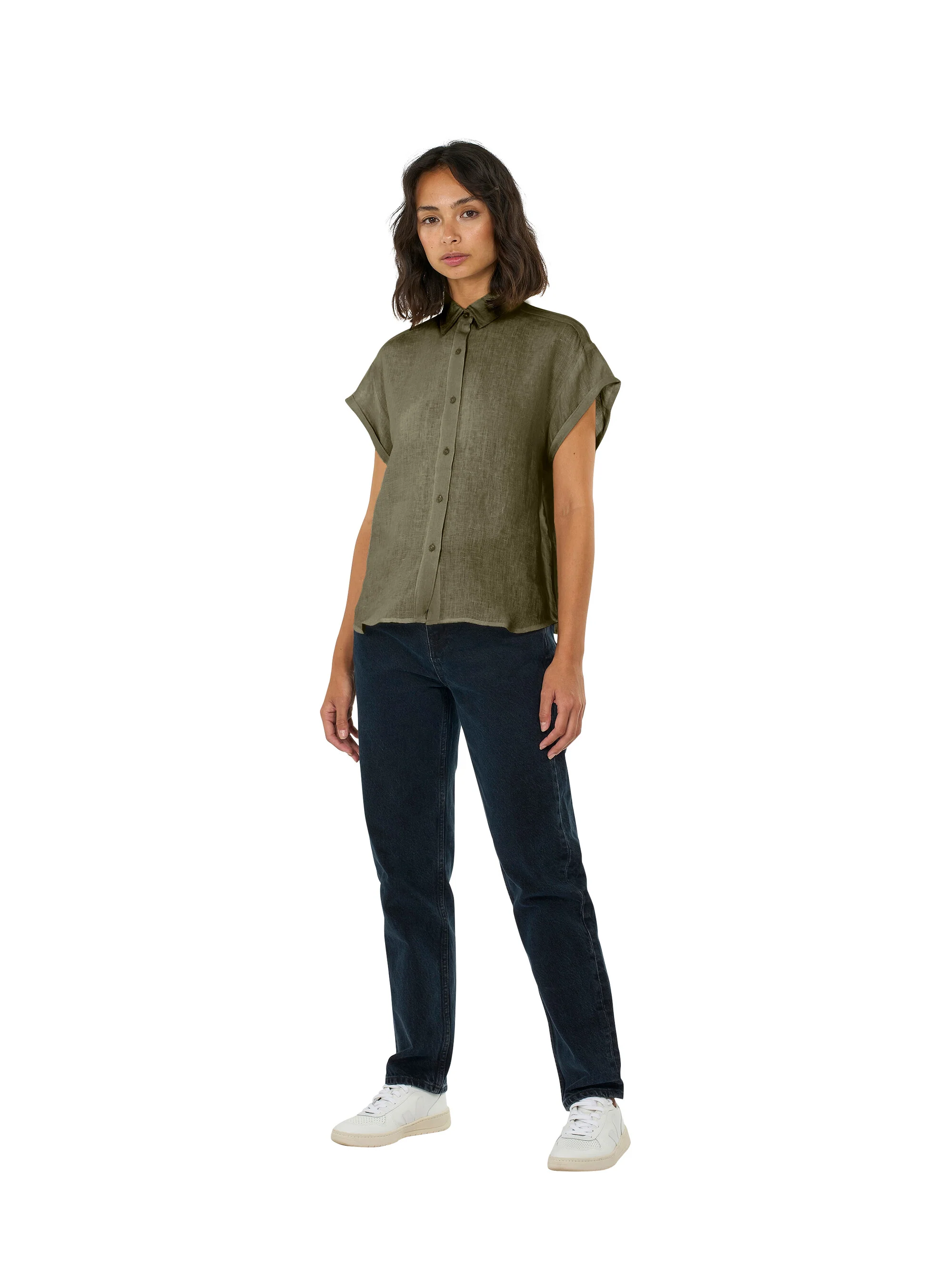 ASTER fold up short sleeve linen shirt - Burned Olive - Image 4