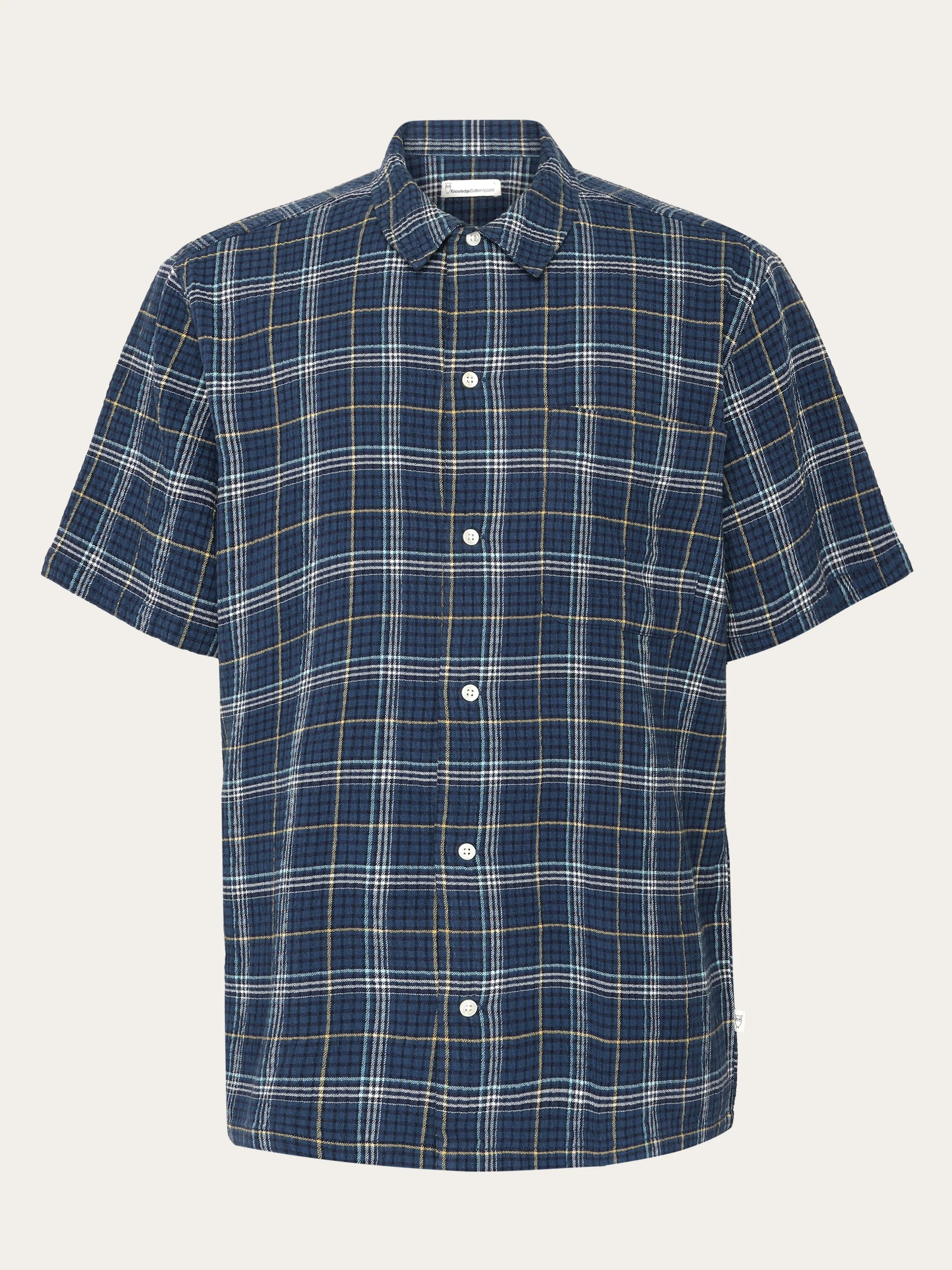 Box fit seersucker short sleeved shirt - GOTS/Vegan - blue check