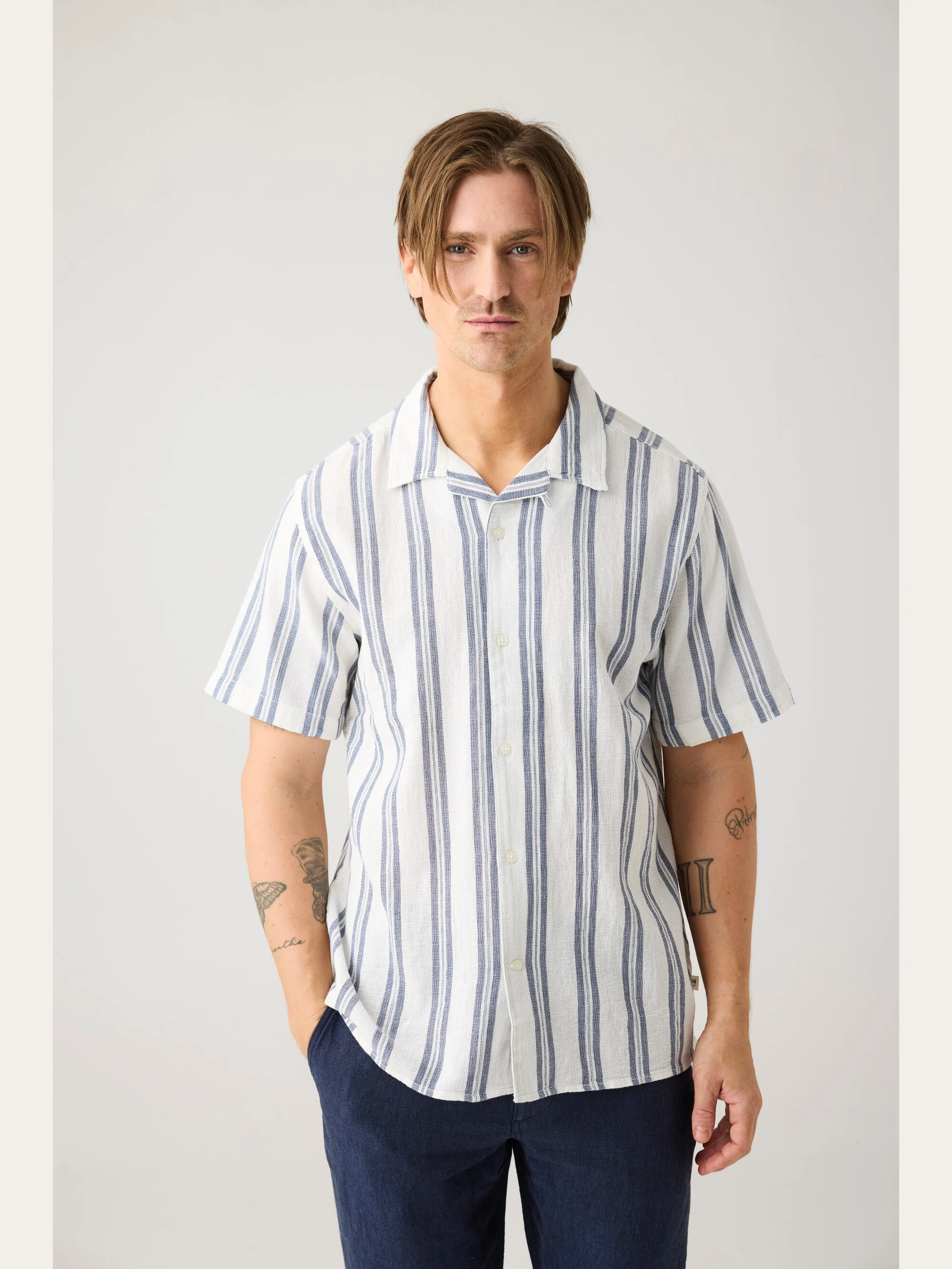 Box short sleeve striped cotton shirt GOTS/Vegan - Blue stripe - Image 4