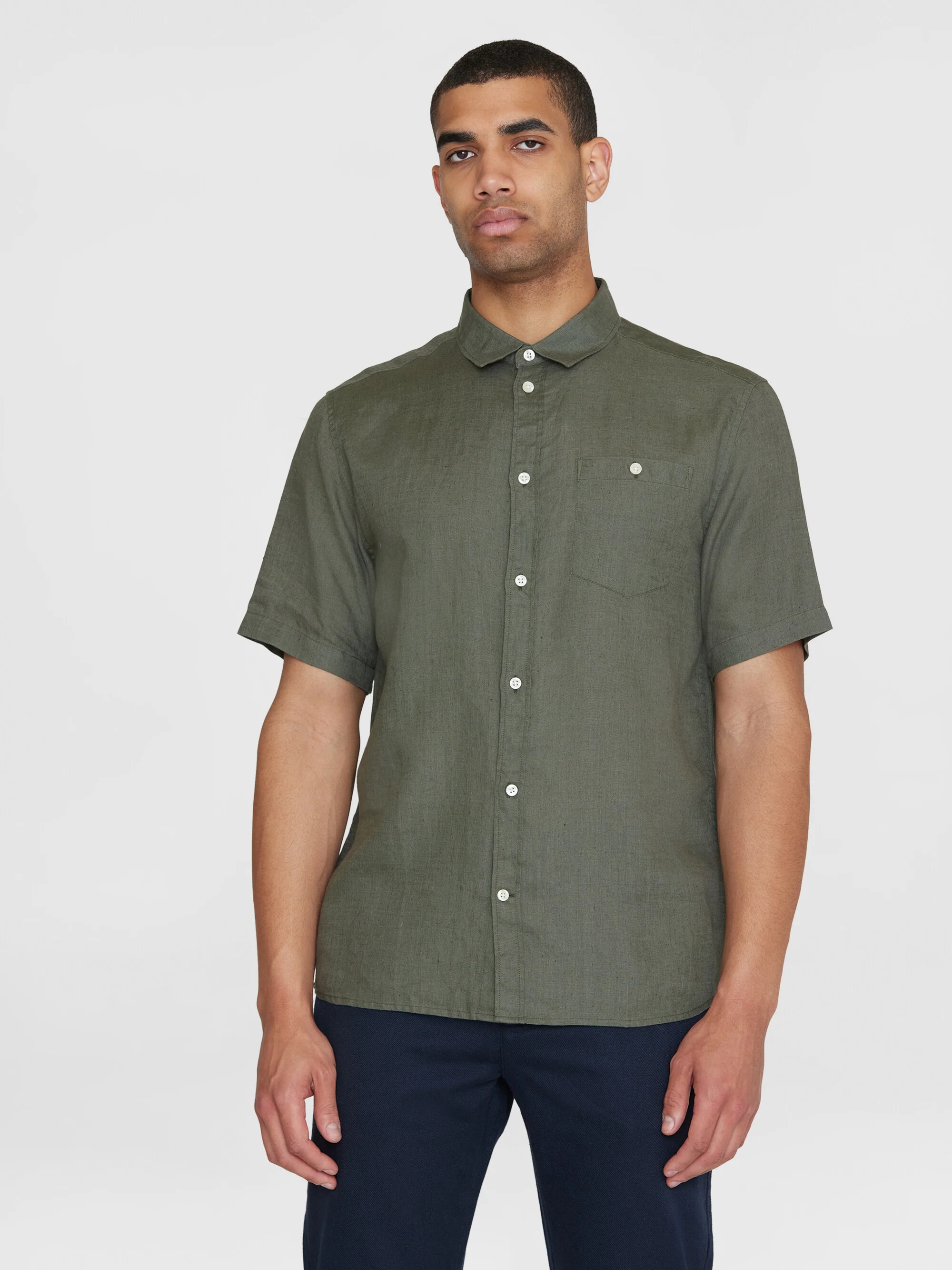Custom fit linen short sleeve shirt - Burned Olive - Image 2