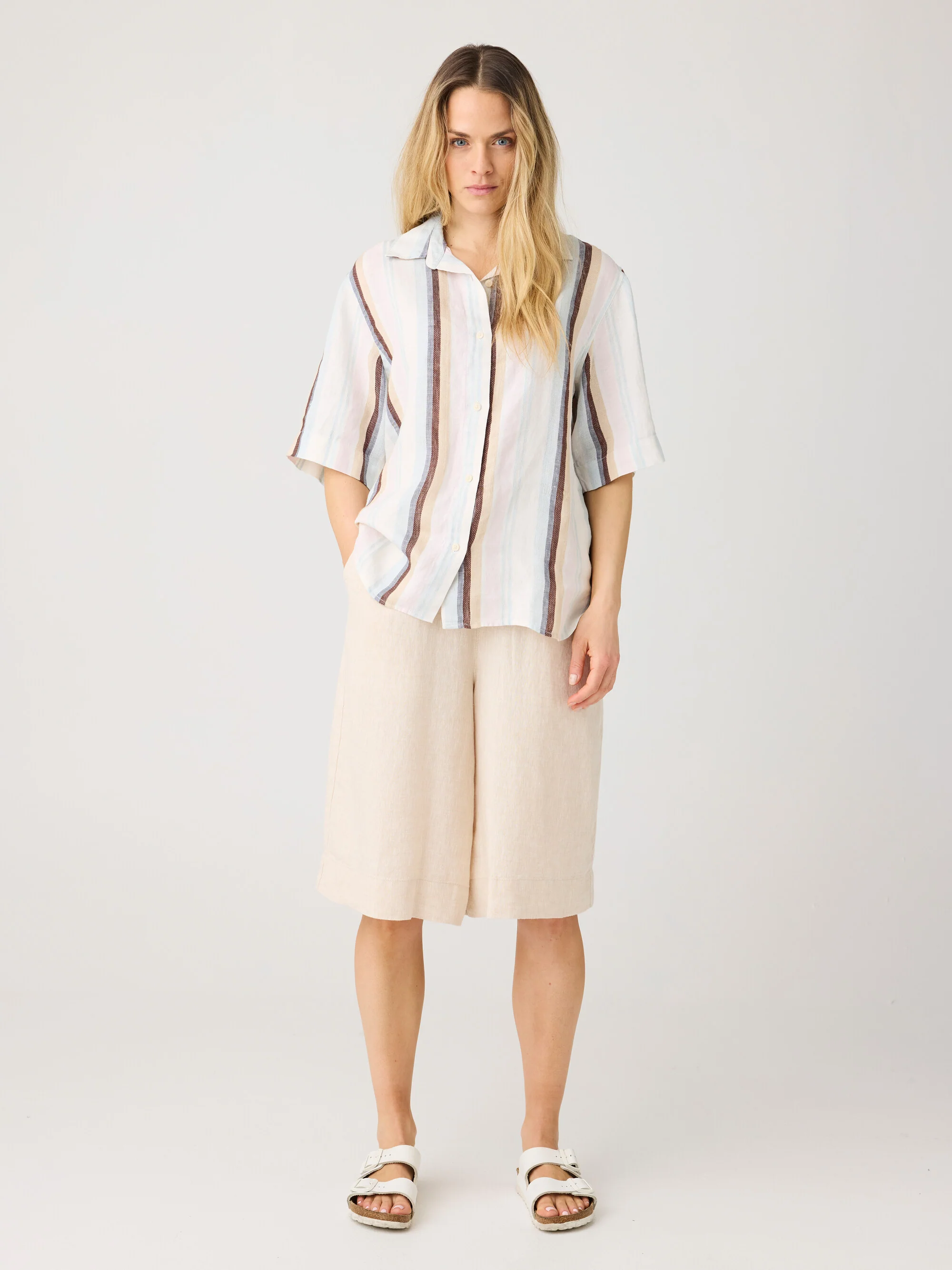 Eve wide linen culotte shorts - Yarndyed - Light feather gray - Image 3