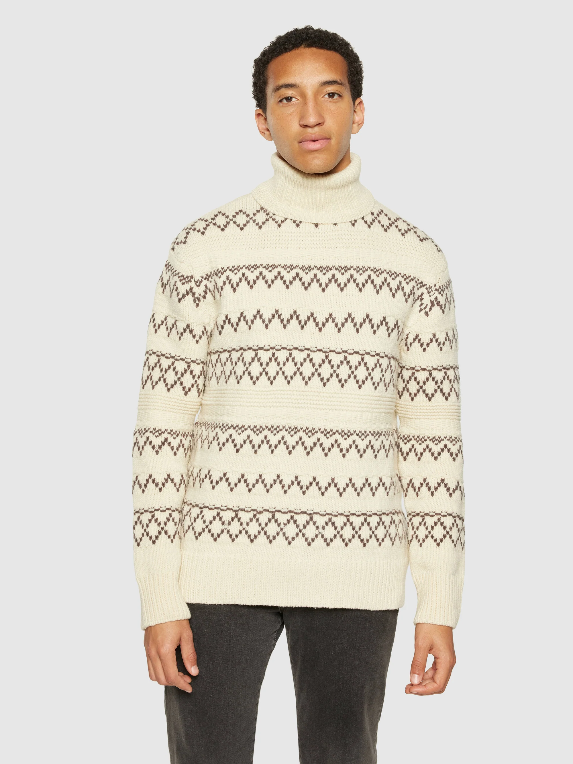 Knitted pattern roll neck - RWS - Beige stripe - Image 2