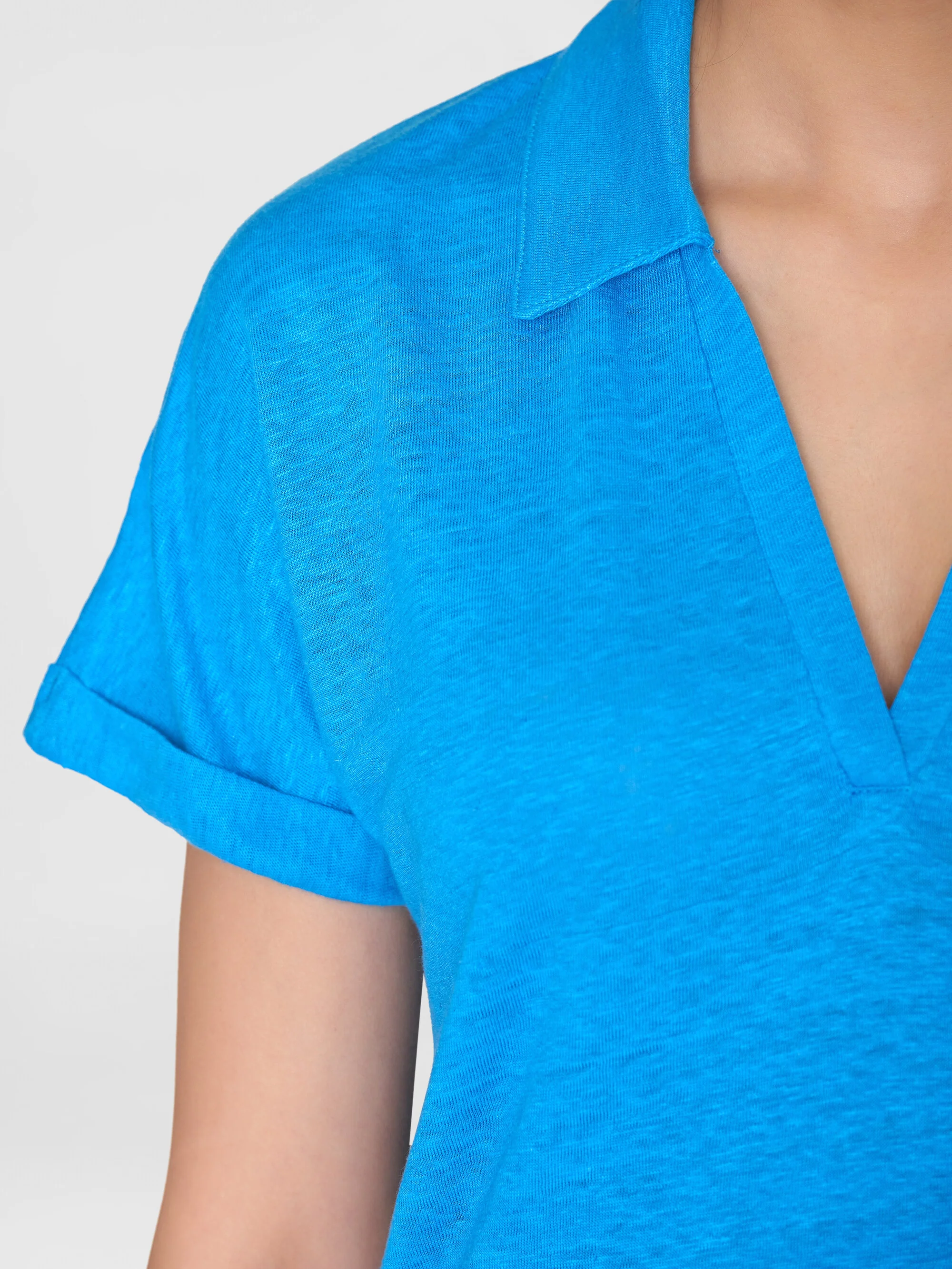 Linen split neck polo - Malibu Blue - Image 5