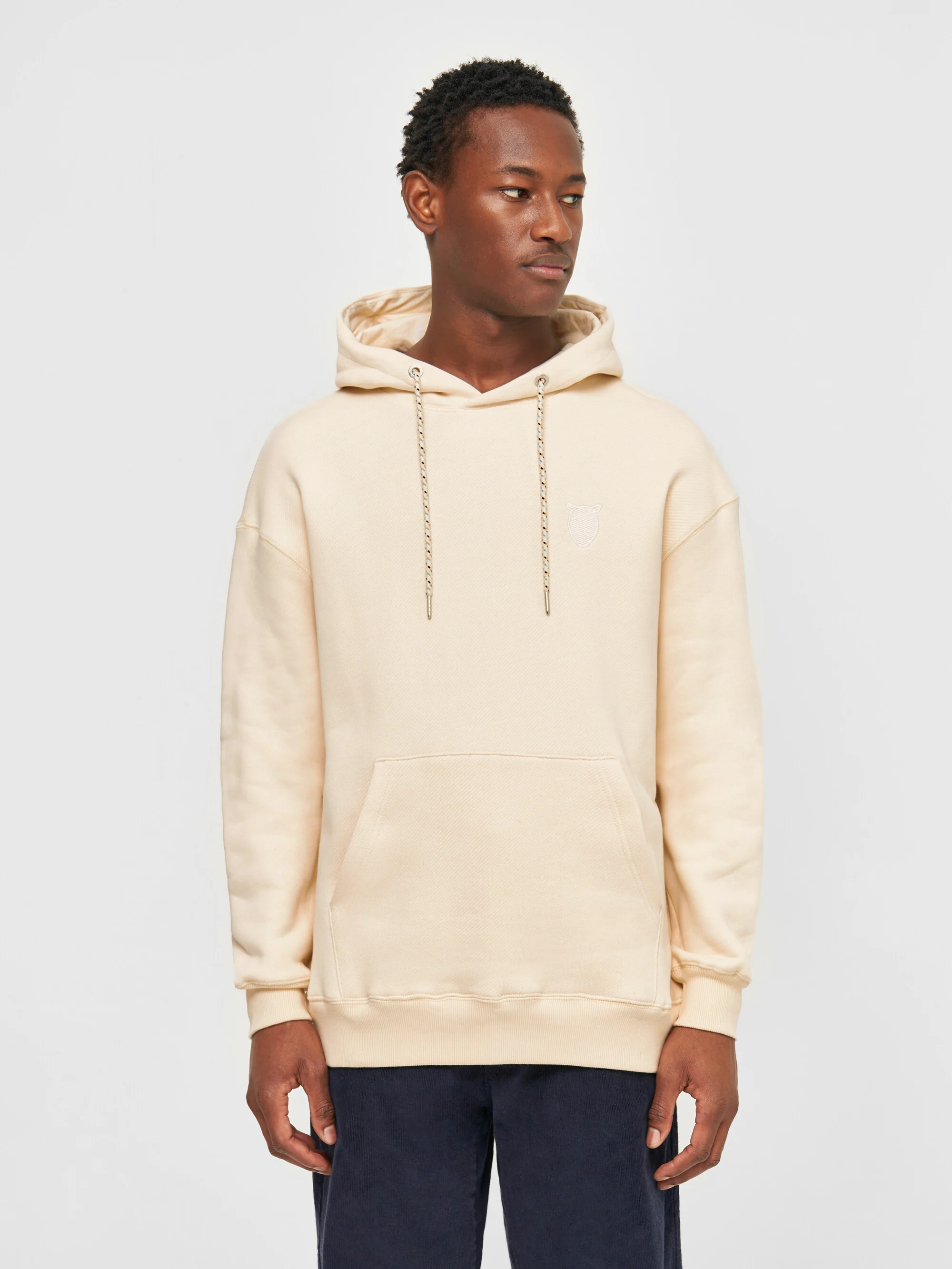 Loose fit hood kangaroo pocket sweat with embroidery at chest - Buttercream - Image 2