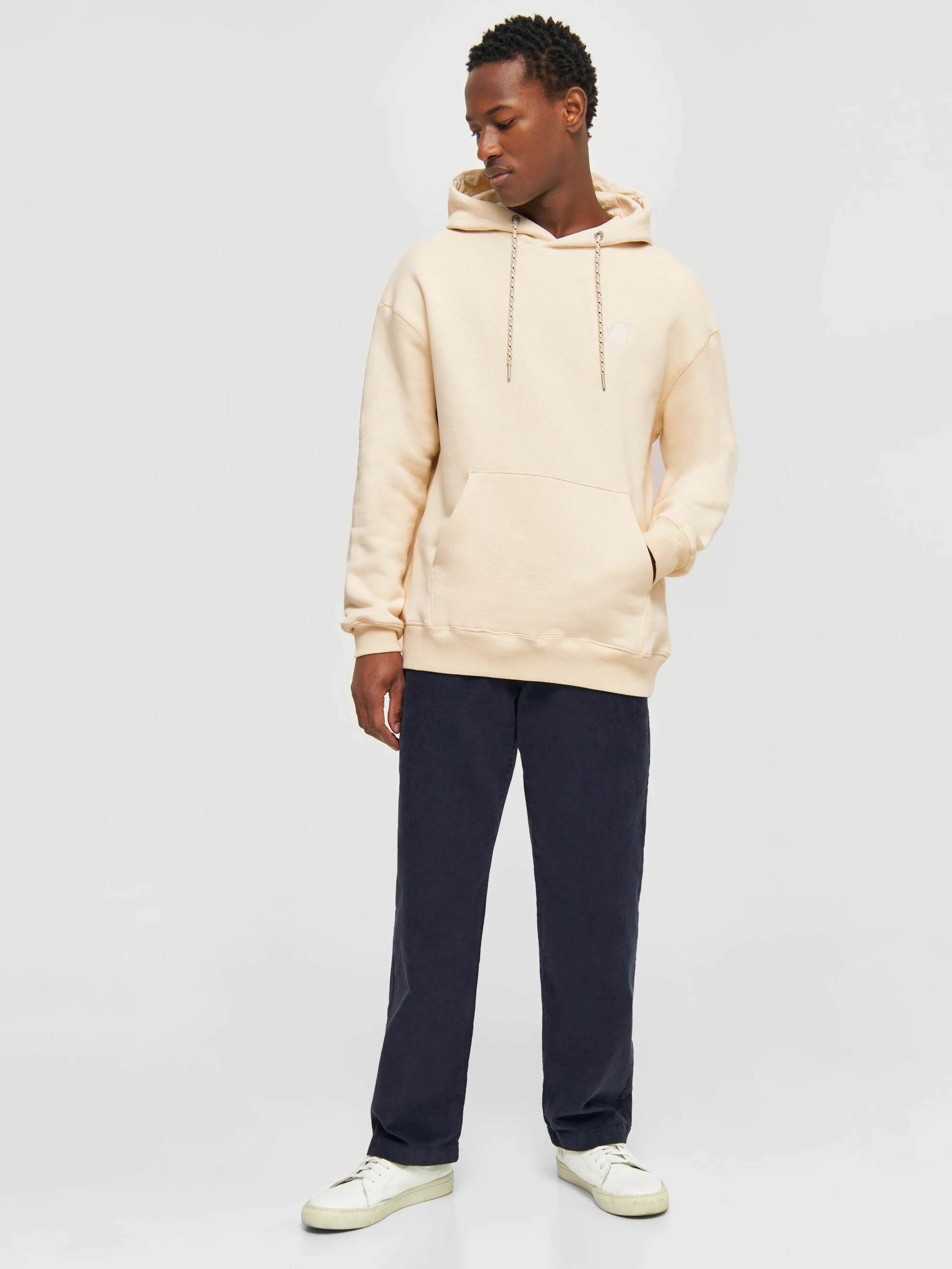 Loose fit hood kangaroo pocket sweat with embroidery at chest - Buttercream - Image 4