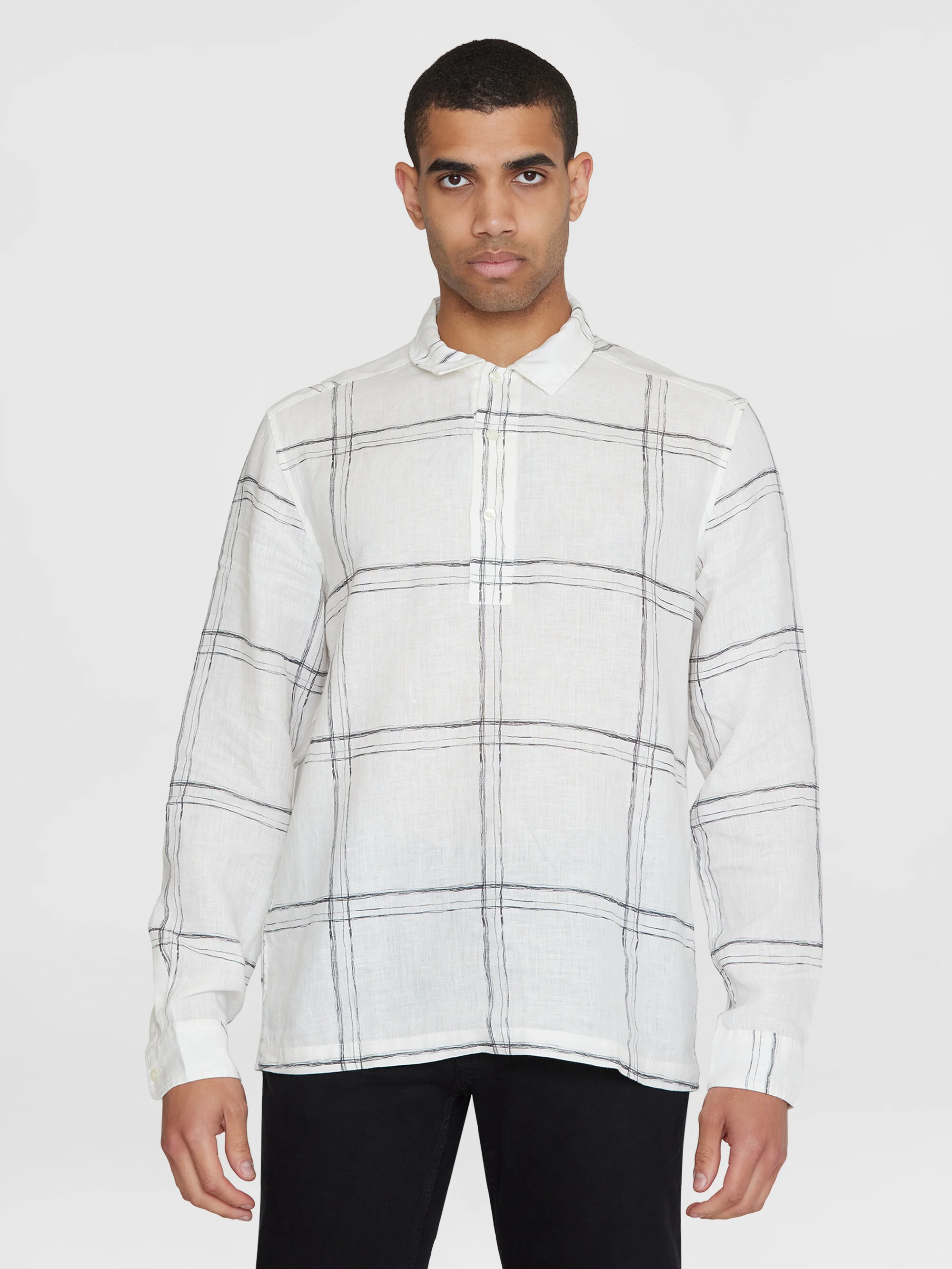 Loose linen printed polo shirt - GOTS/Vegan - White check - Image 2