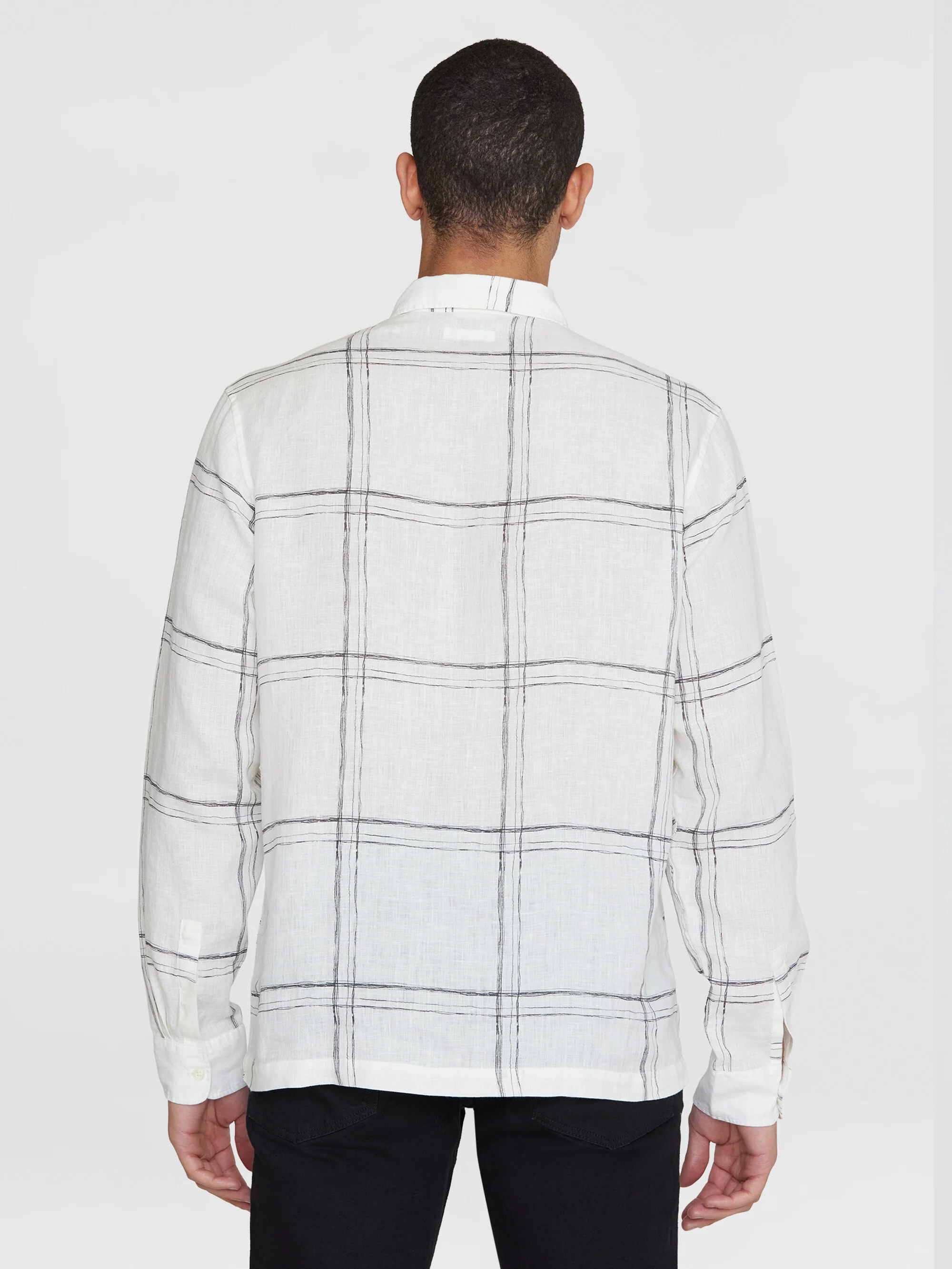 Loose linen printed polo shirt - GOTS/Vegan - White check - Image 3