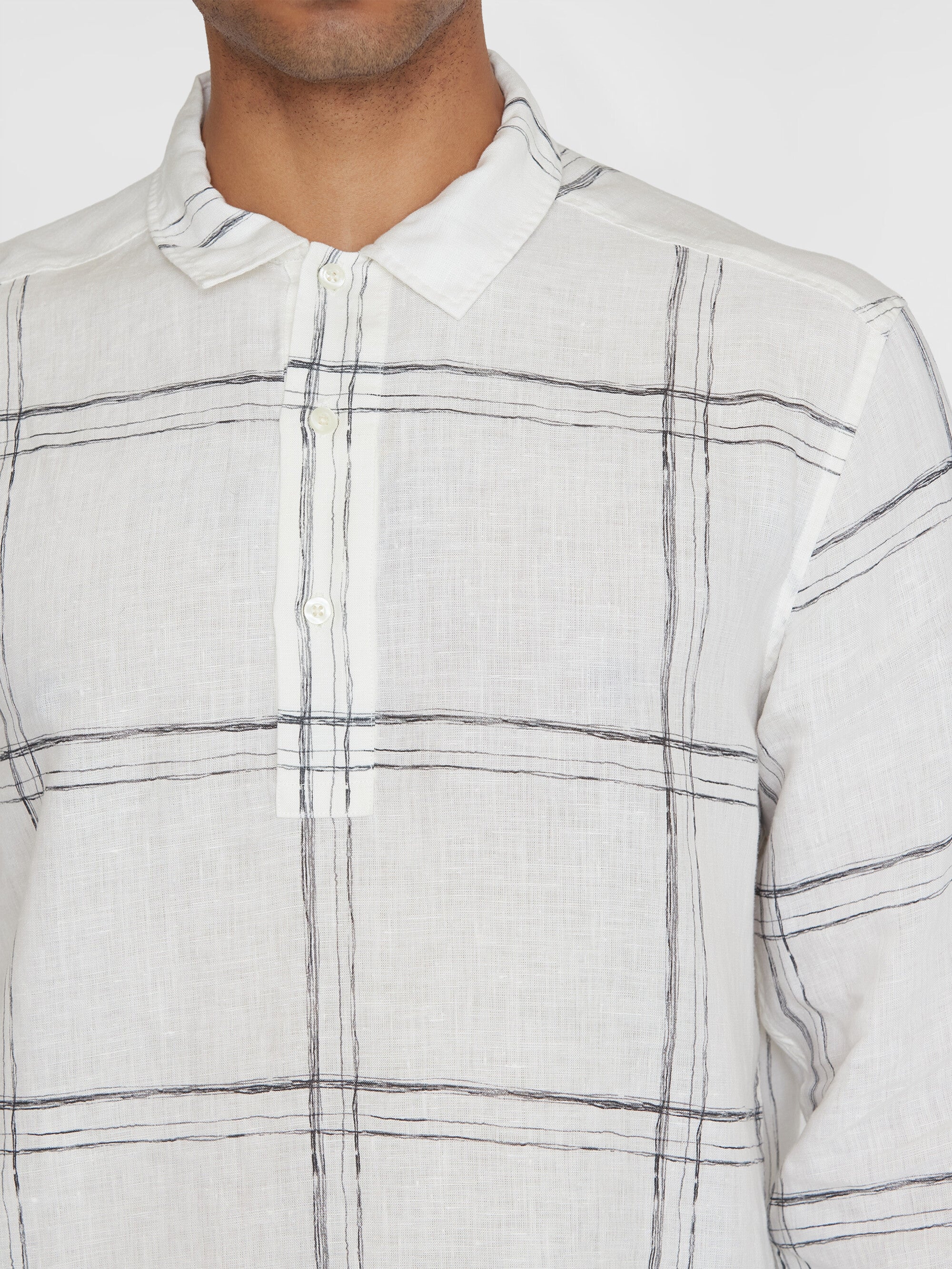 Loose linen printed polo shirt - GOTS/Vegan - White check - Image 5