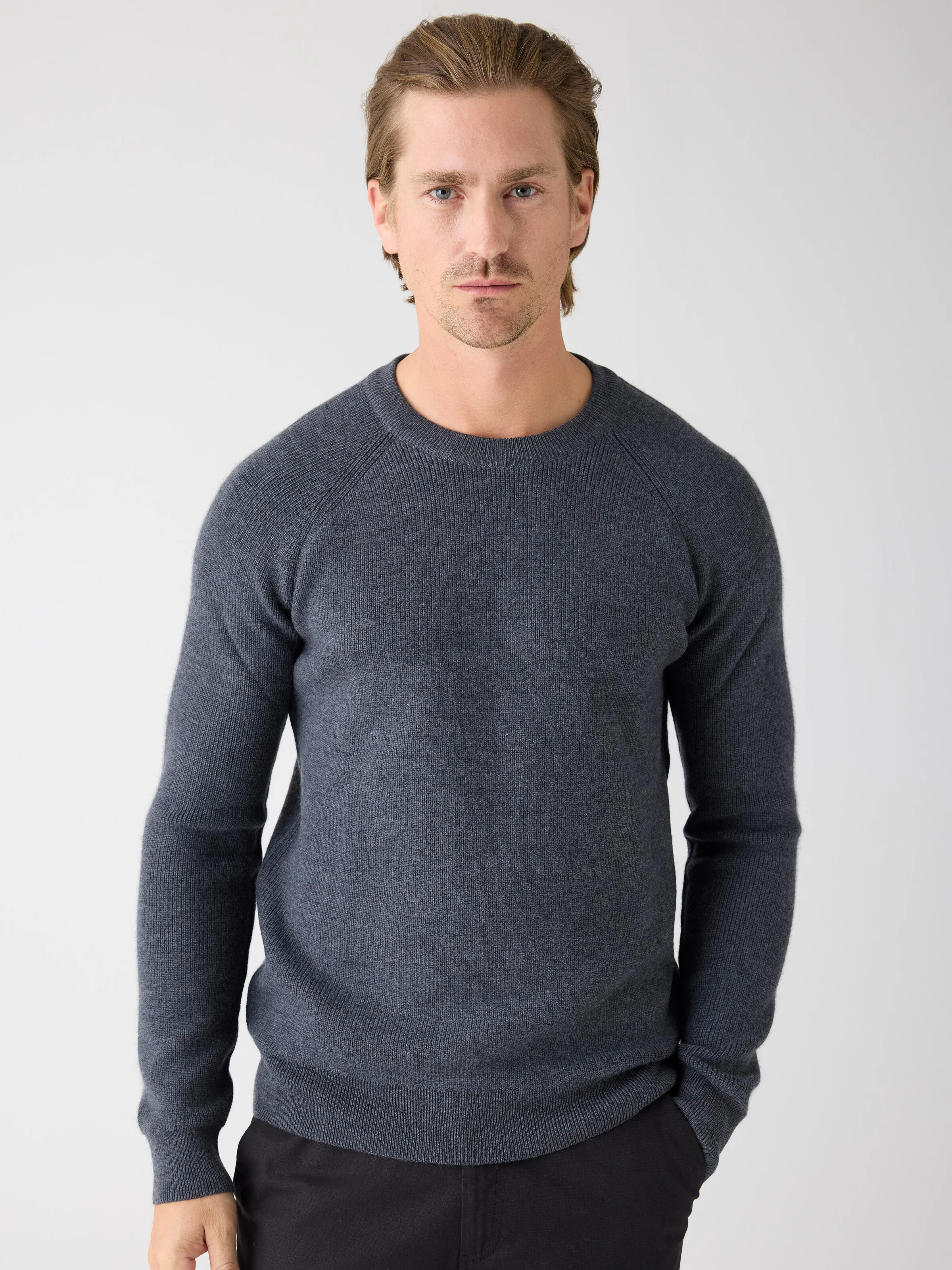 O-neck merino wool rib knit - Dark Grey Melange - Image 2