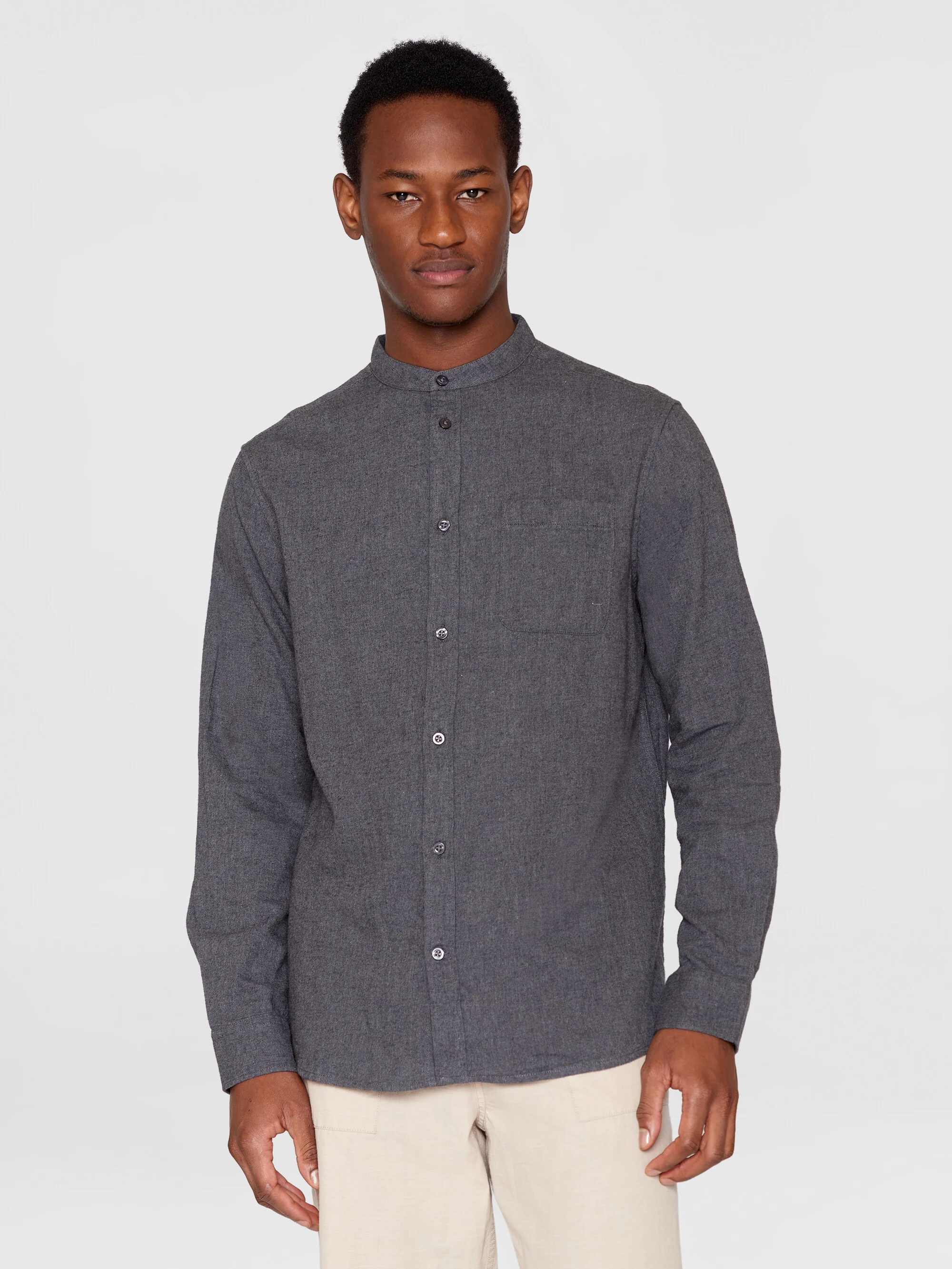 Regular fit melangé flannel stand collar shirt - Dark Grey Melange - Image 2