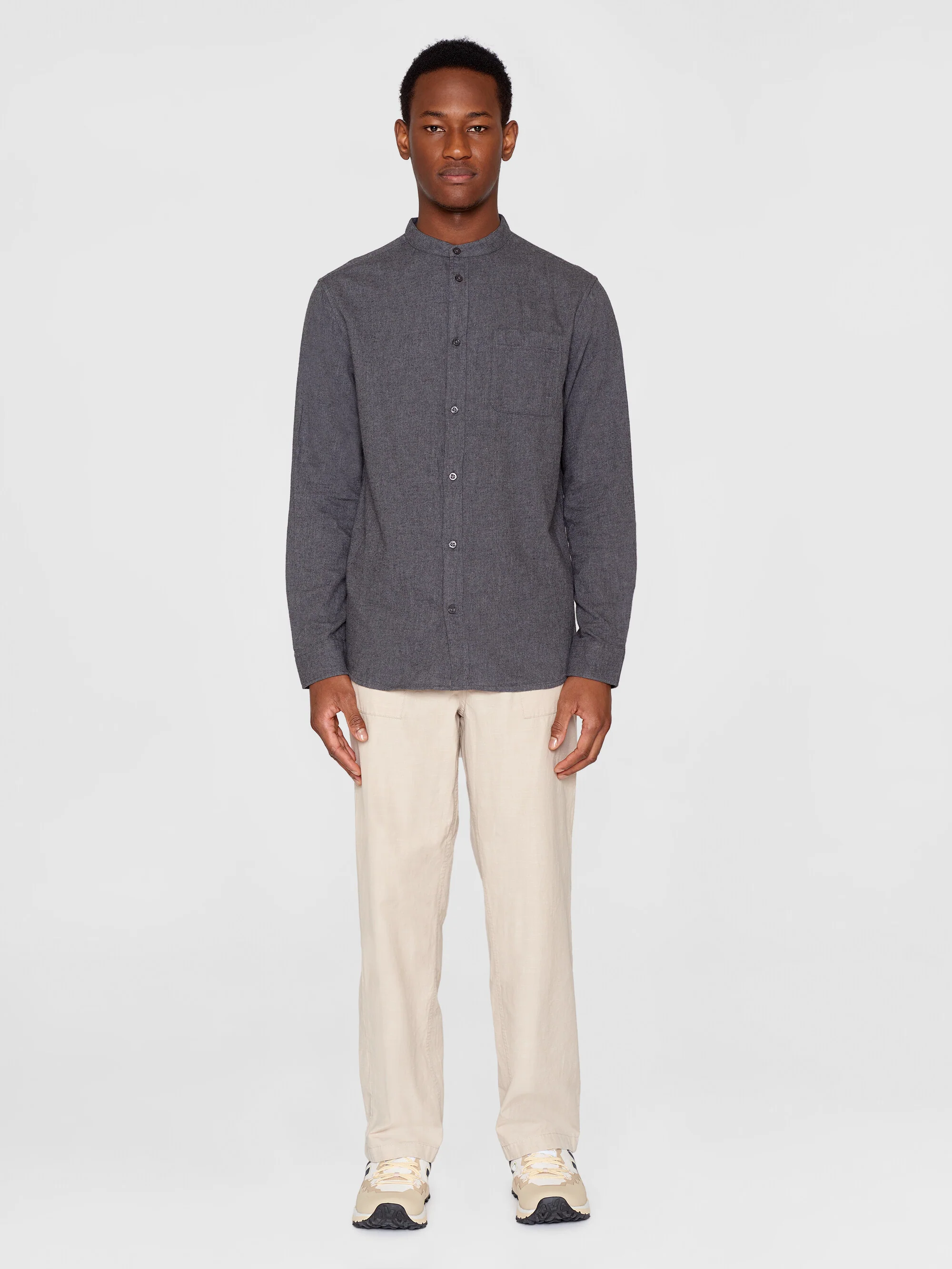 Regular fit melangé flannel stand collar shirt - Dark Grey Melange - Image 4