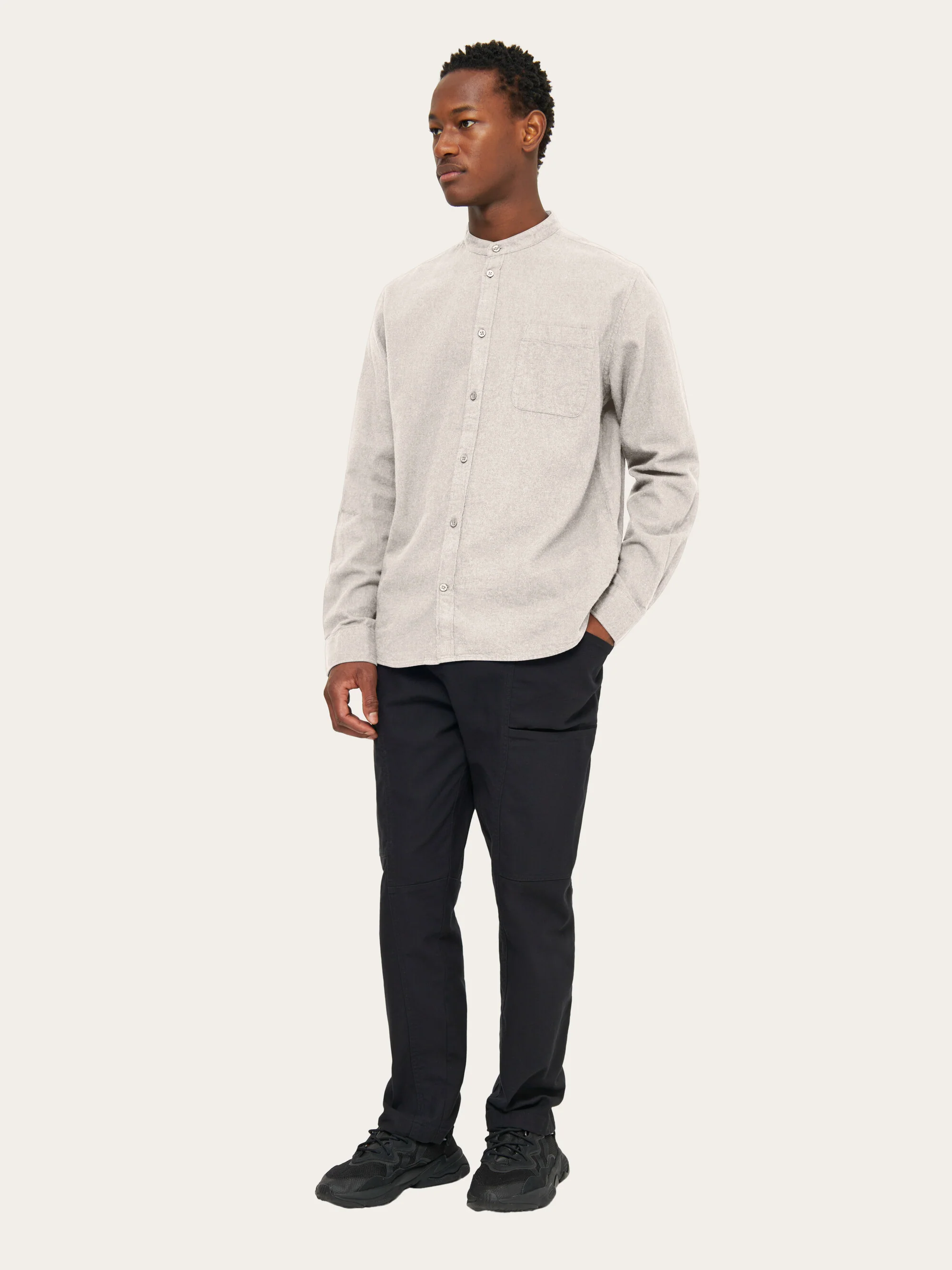 Regular fit melangé flannel stand collar shirt - Greige - Image 4