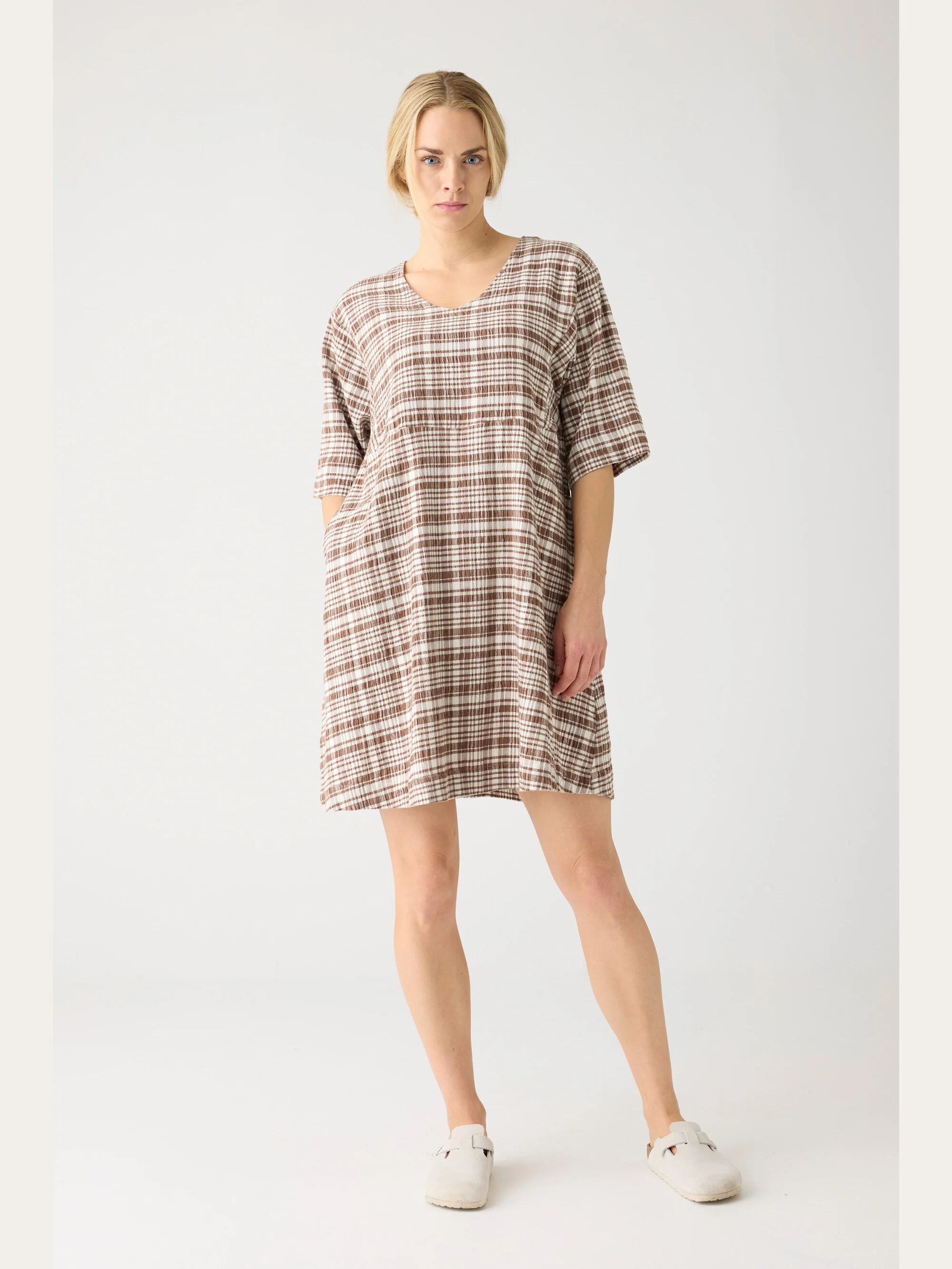 Seersucker check tunica dress - GOTS/Vegan - Beige check - Image 4